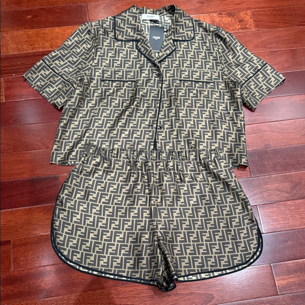 Fendi Beige and Black Monogram Silky Lounge Set